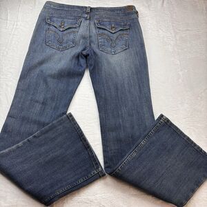 VTG Y2K LEI Ashley Ultra Low Rise Flare Jeans 9  Med Wash Embroidered Flap